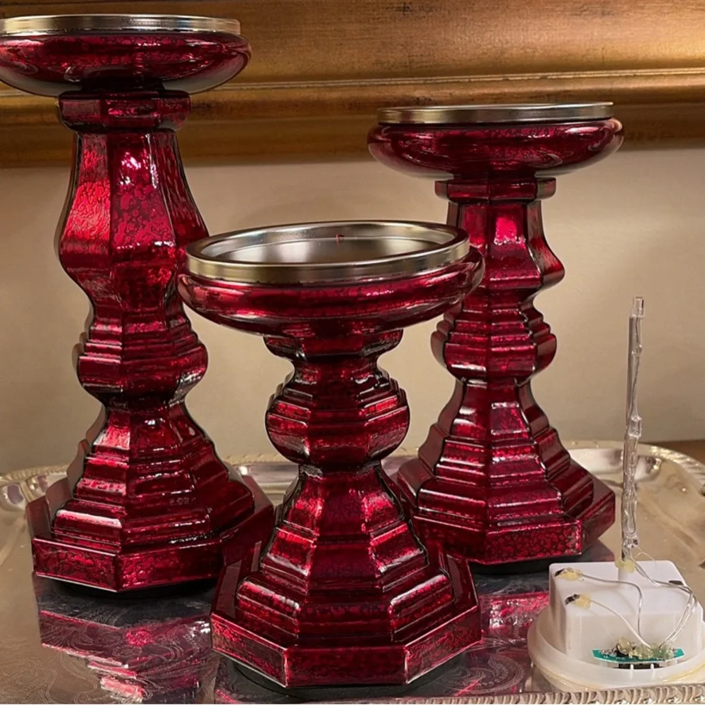 3 Valerie Parr Hill QVC Red Illuminated Candle Pedestals Mercury Glass Call Out